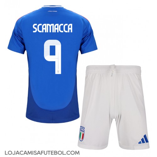 Camisa de Futebol Itália Gianluca Scamacca #9 Equipamento Principal Infantil Europeu 2024 Manga Curta (+ Calças curtas)